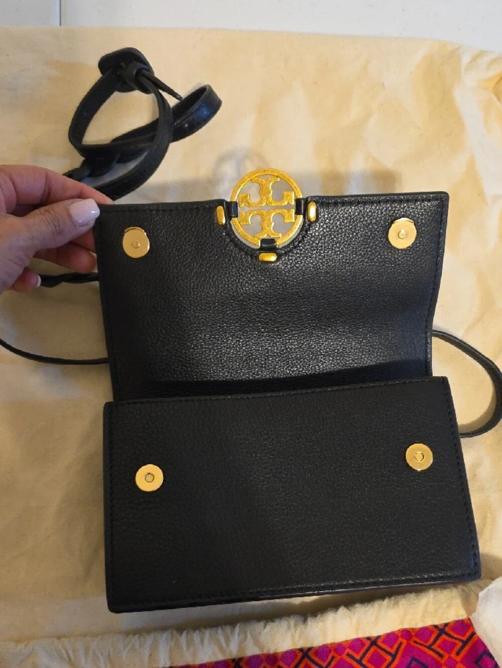 Tory Burch Black Leather Crossbody with Gold Logo Emblem